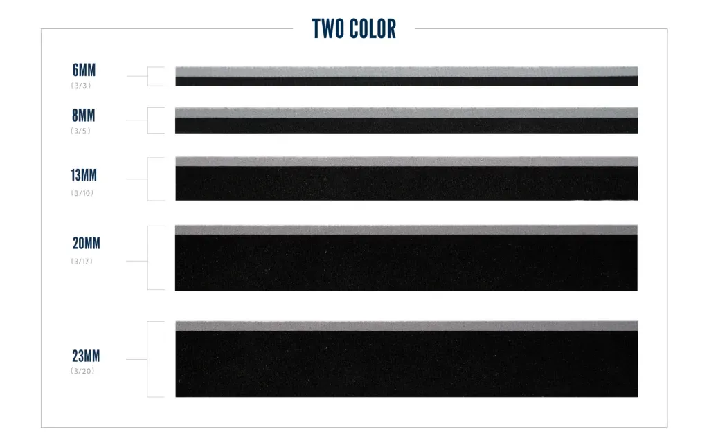Two-tone strips of different widths: 6mm, 8mm, 12mm, 20mm, and 25mm. Each has a thin, lighter edge.