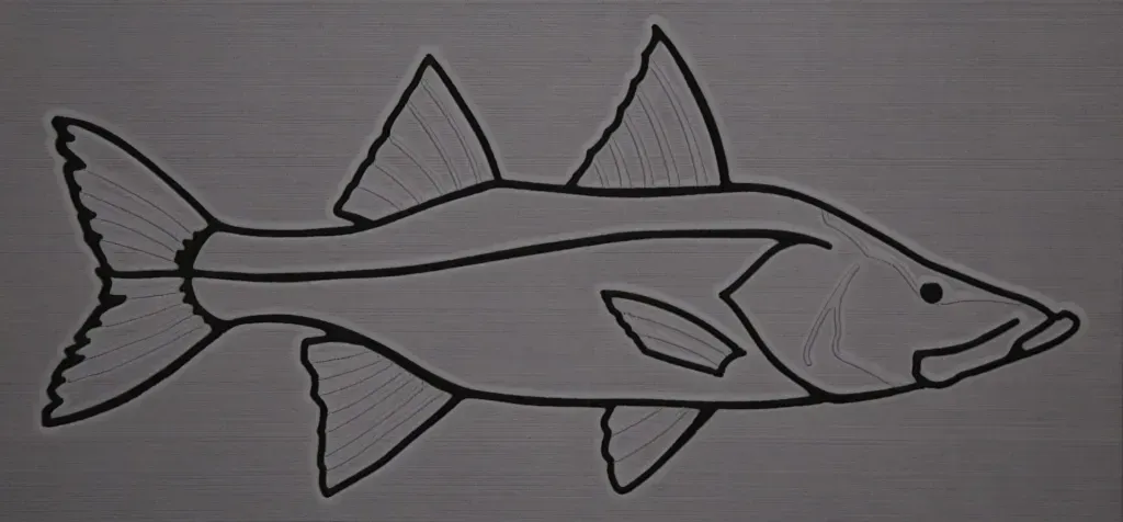 Line drawing of a fish with a forked tail and multiple fins, swimming horizontally.