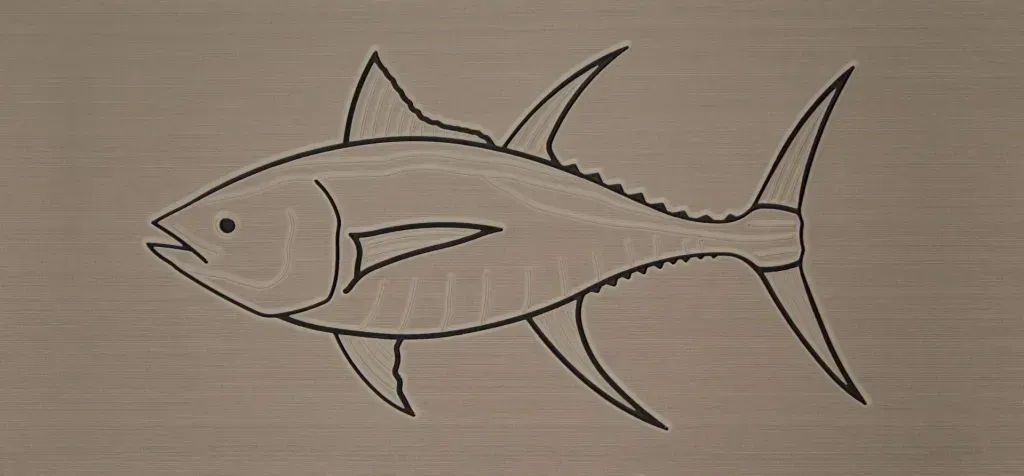Line drawing of a tuna fish on a textured gray background.