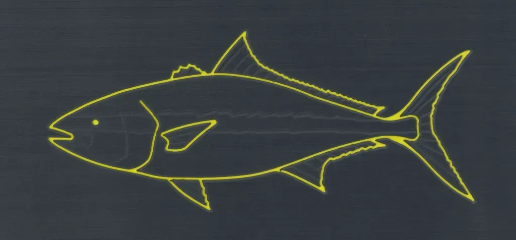 Yellow outline of a fish on a dark background.