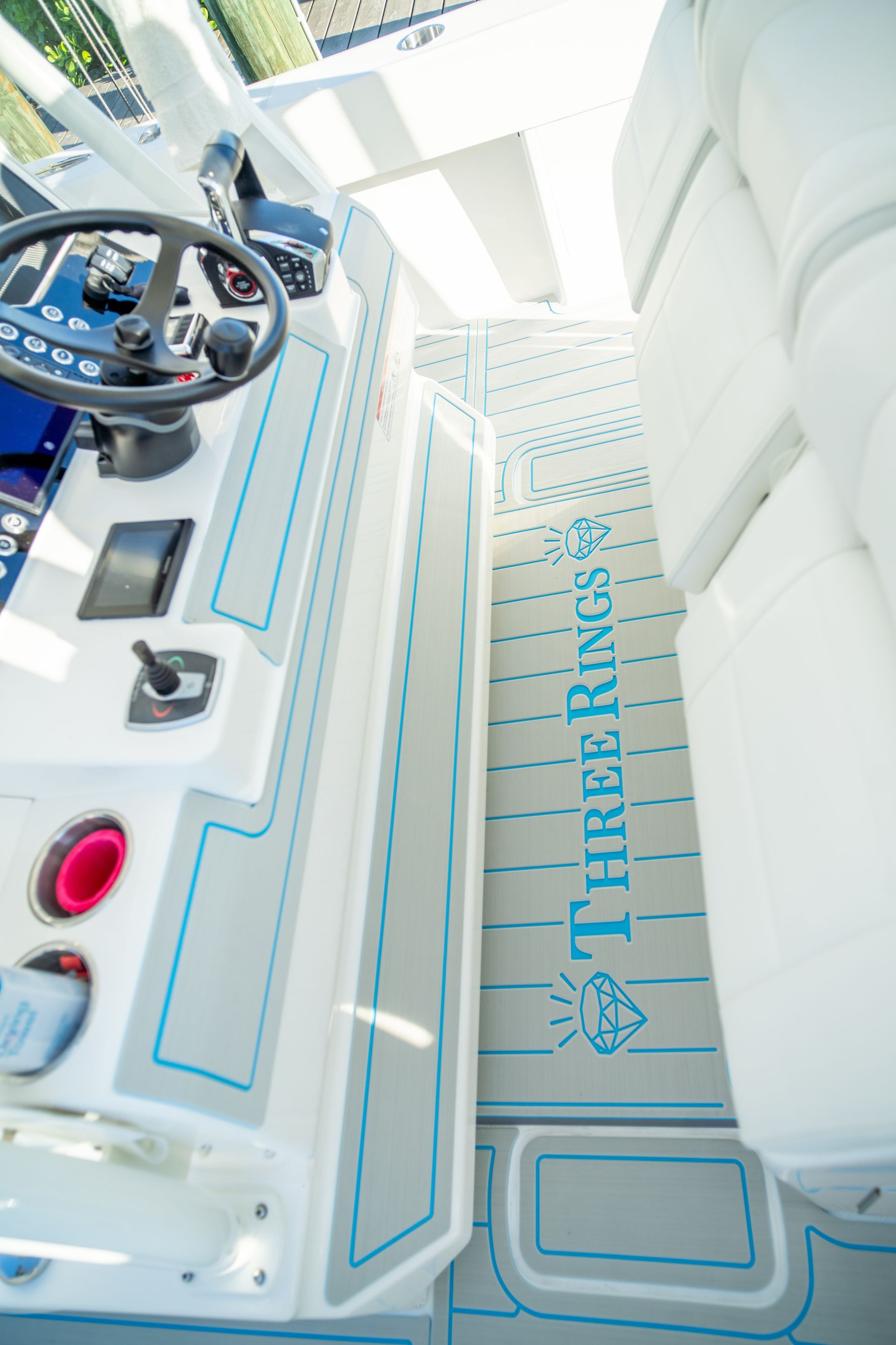 Boat interior with steering wheel and