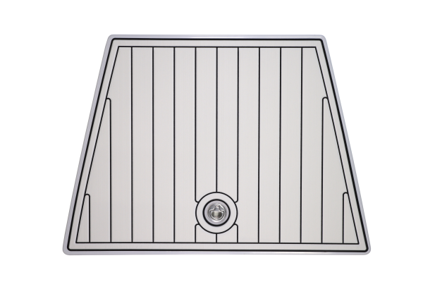 Boat floor panel with vertical white planks, black lines, and silver trim.