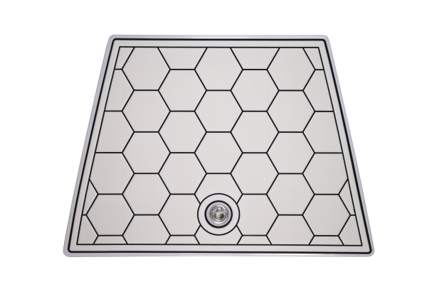 White hexagon patterned boat hatch with black edging and central circular fixture.