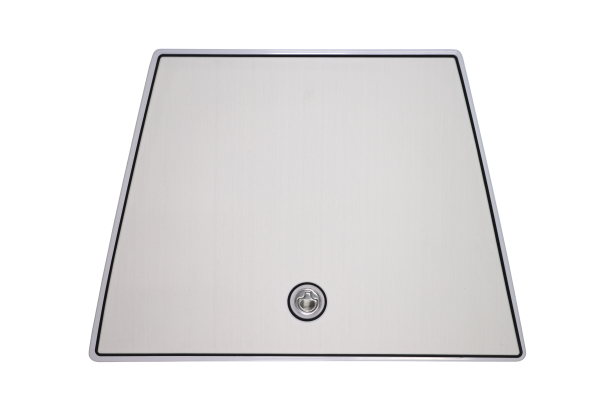 Rectangular boat hatch with lock and black rubber seal.