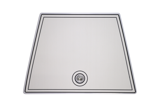 White boat hatch with black trim and a central locking mechanism.