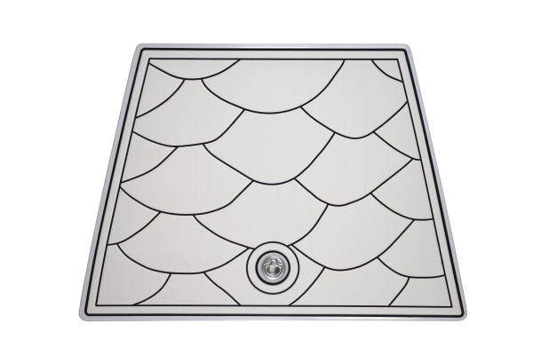 Rectangular cream-colored boat hatch cover with a black scale pattern and drain fitting.