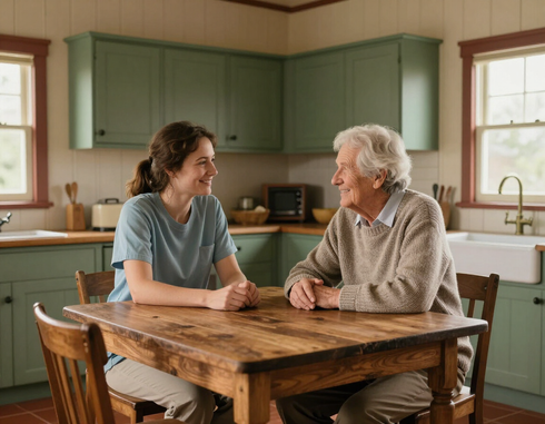 A carer sitting with an older person at a kitchen table, both smiling gently