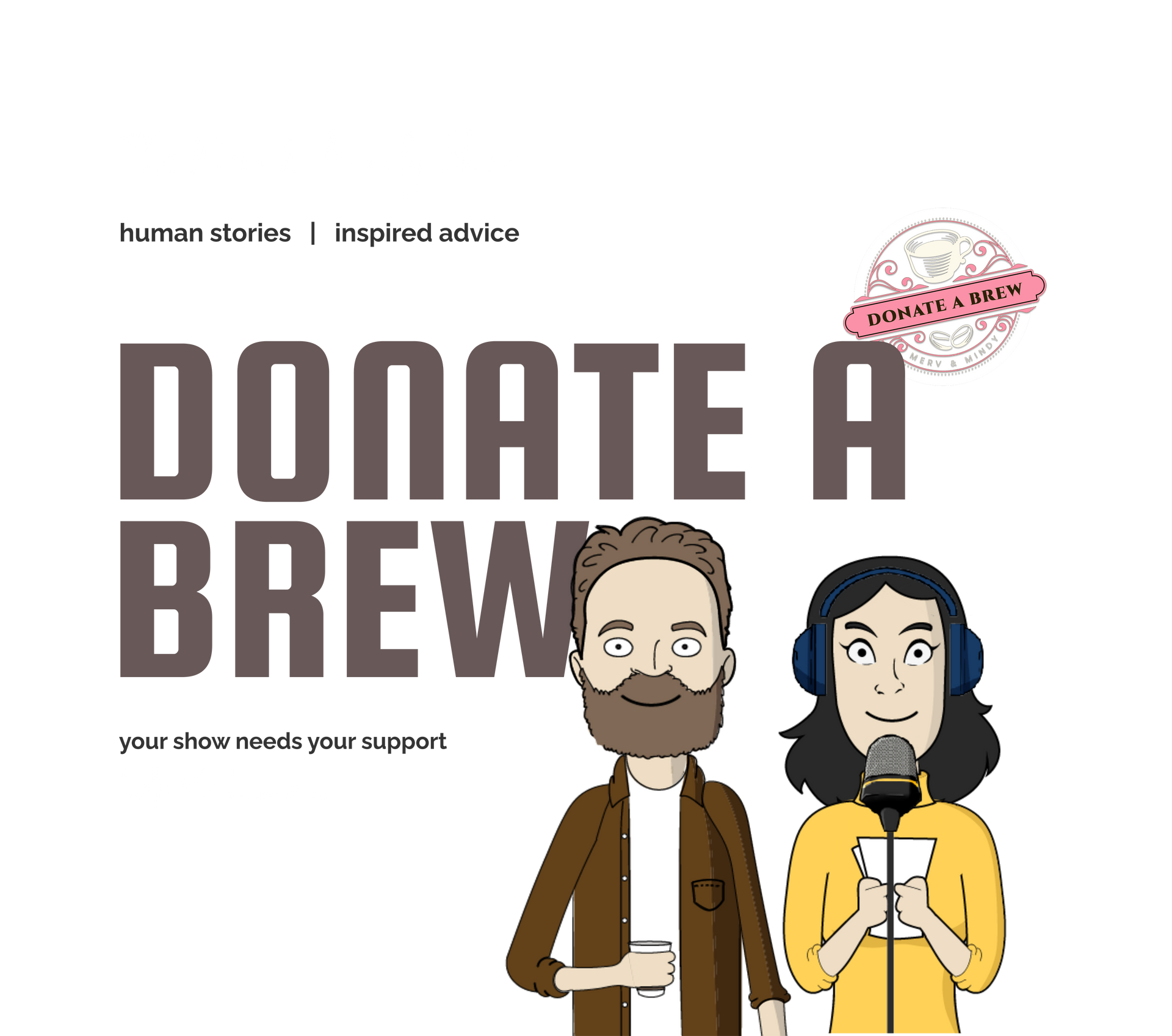 Podcast logo: Two cartoon people, a man and woman, with the show's title,