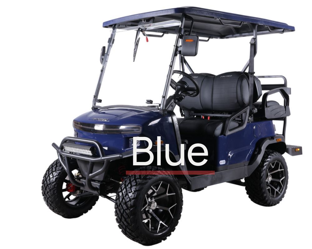 A golf cart with a canopy is parked on the side of a road.