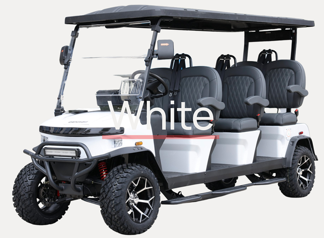 A white golf cart is parked in front of a garage door.