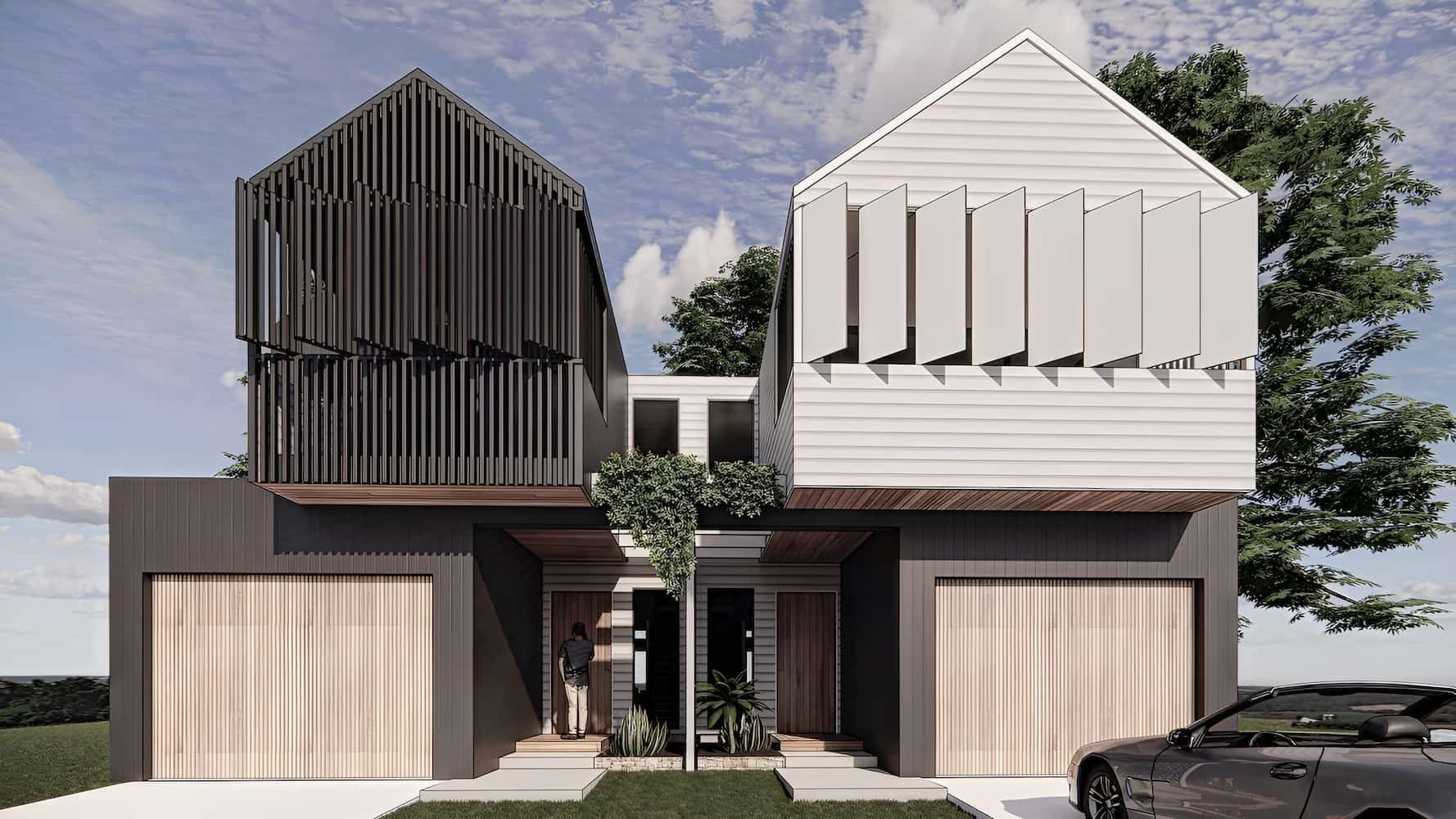 A Rendering Of A House With Two Garages And A Car Parked In Front Of It — DeBu Studios In Thirroul, NSW