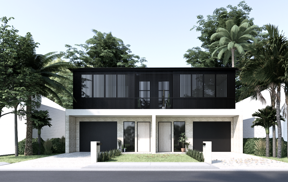 A couple of white houses with palm trees in front of them