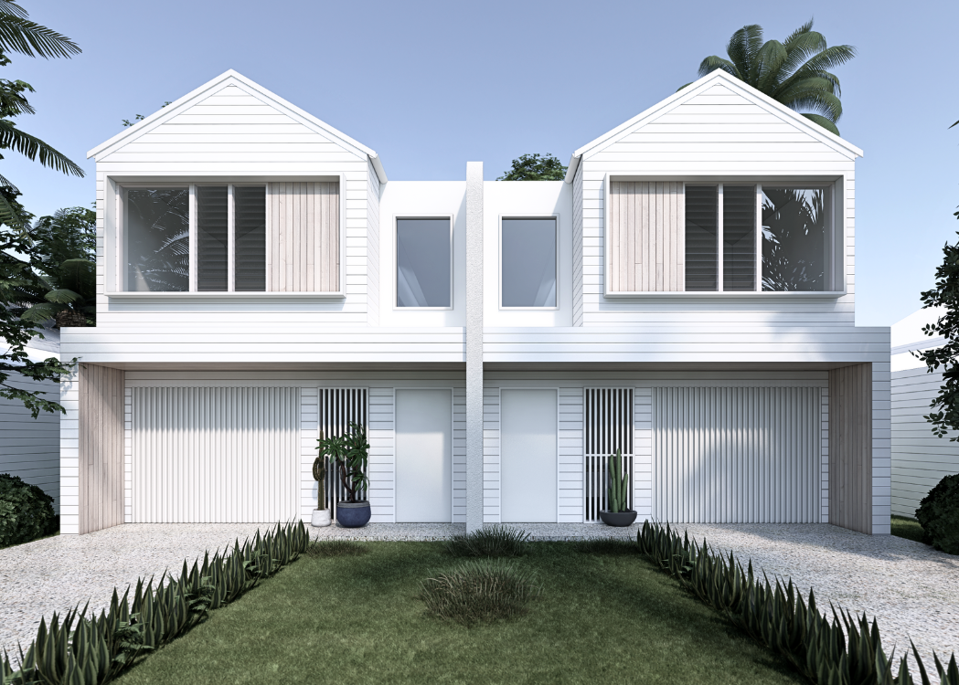 A white house with two garages and a lush green yard — DeBu Studios In Southern Sydney, NSW