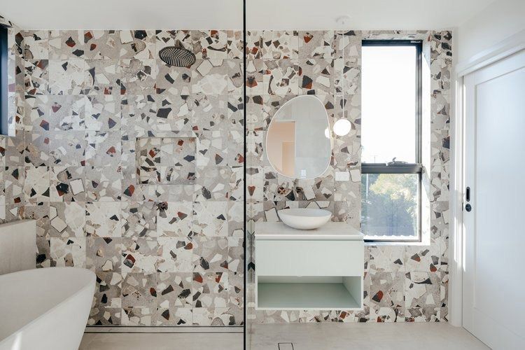 A Bathroom With a Walk in Shower, Sink, and Mirror — DeBu Studios In Russell Vale, NSW