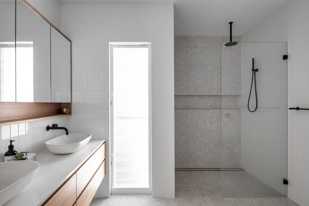A Bathroom With Two Sinks and a Walk in Shower — DeBu Studios In Russell Vale, NSW