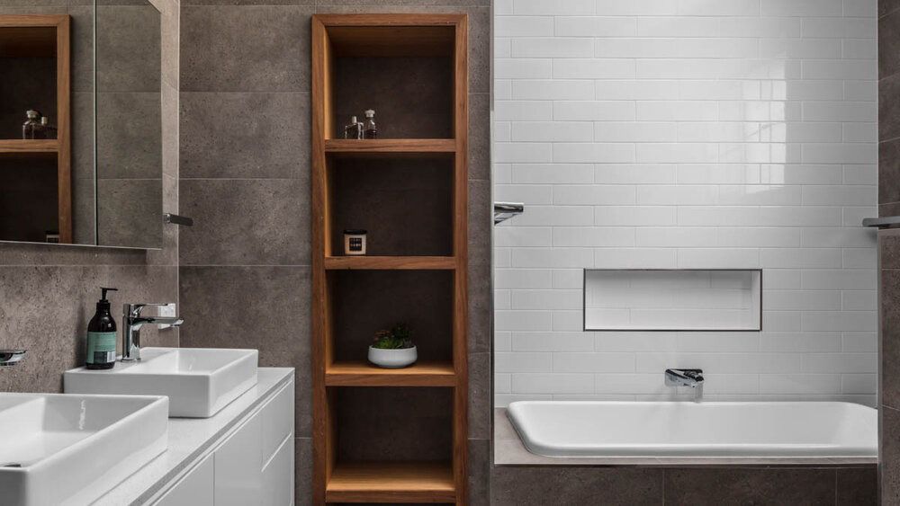 A Bathroom With Two Sinks and a Bathtub — DeBu Studios In Russell Vale, NSW