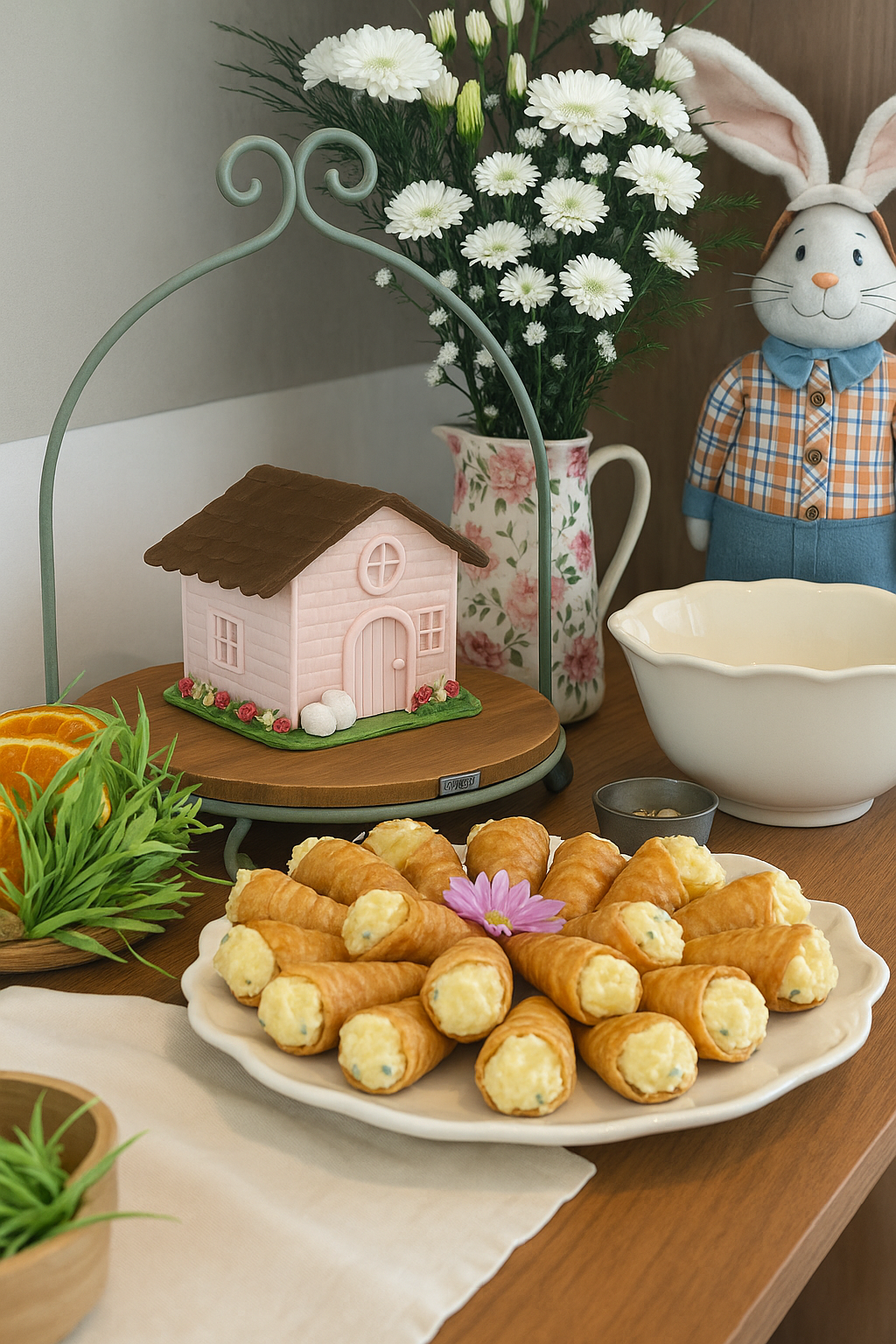 Mesa de sobremesas decorada com doces, bolo, flores e uma estatueta de coelho em uma cozinha aconchegante.