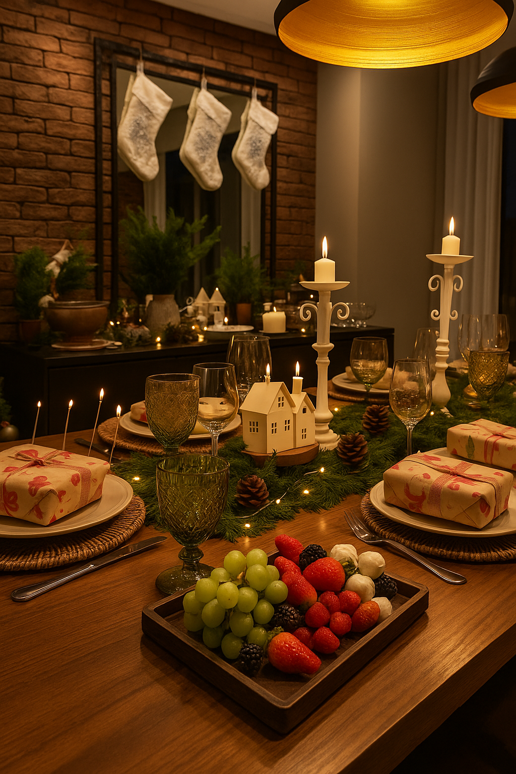 Mesa de jantar festiva com velas, meias de Natal, frutas, pão e decorações natalinas.