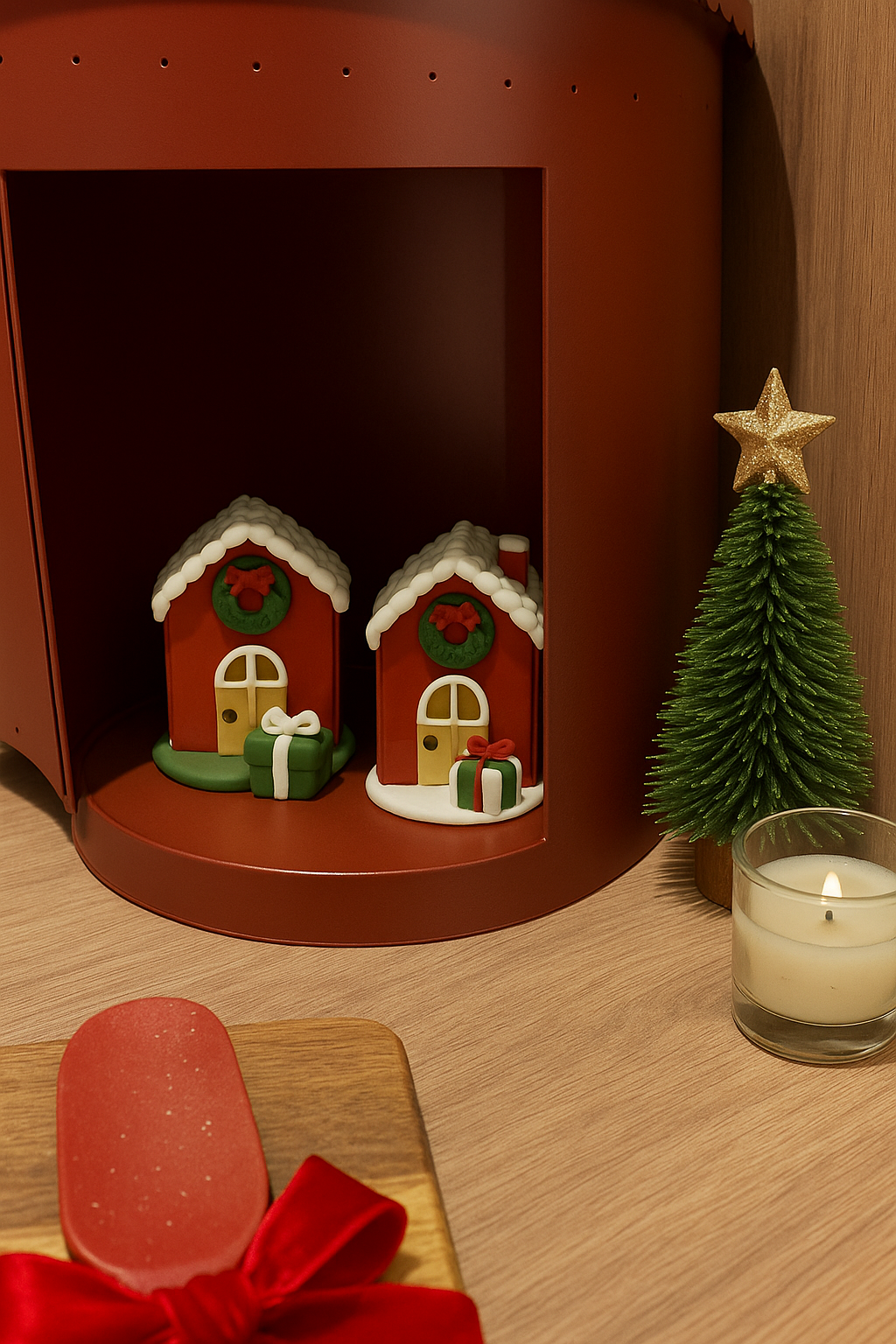 Pequena decoração natalina com casinhas de gengibre, mini árvore de Natal e vela em uma prateleira de madeira.