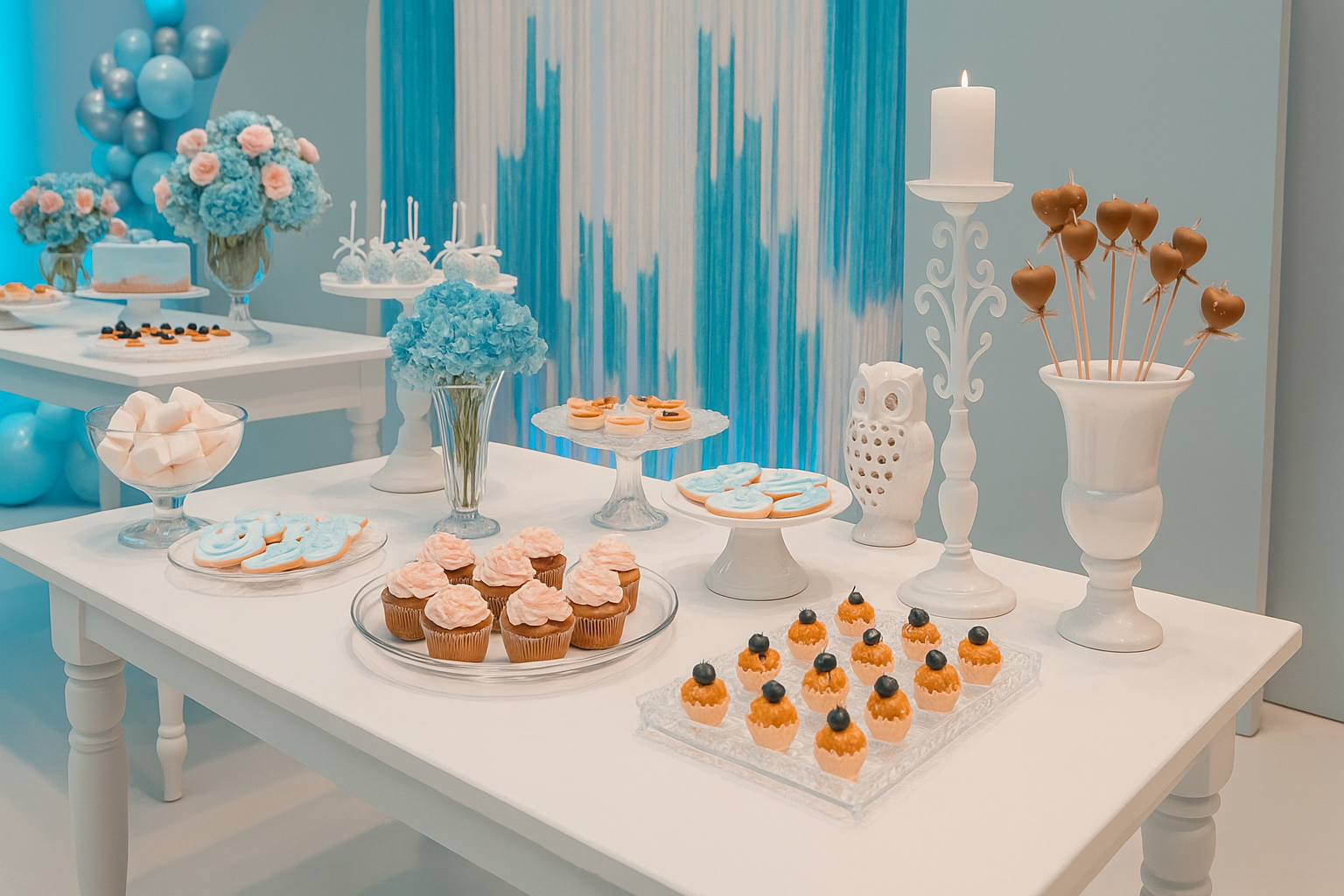 Elegante mesa de doces azul e branca com cupcakes, cake pops e velas em uma festa.