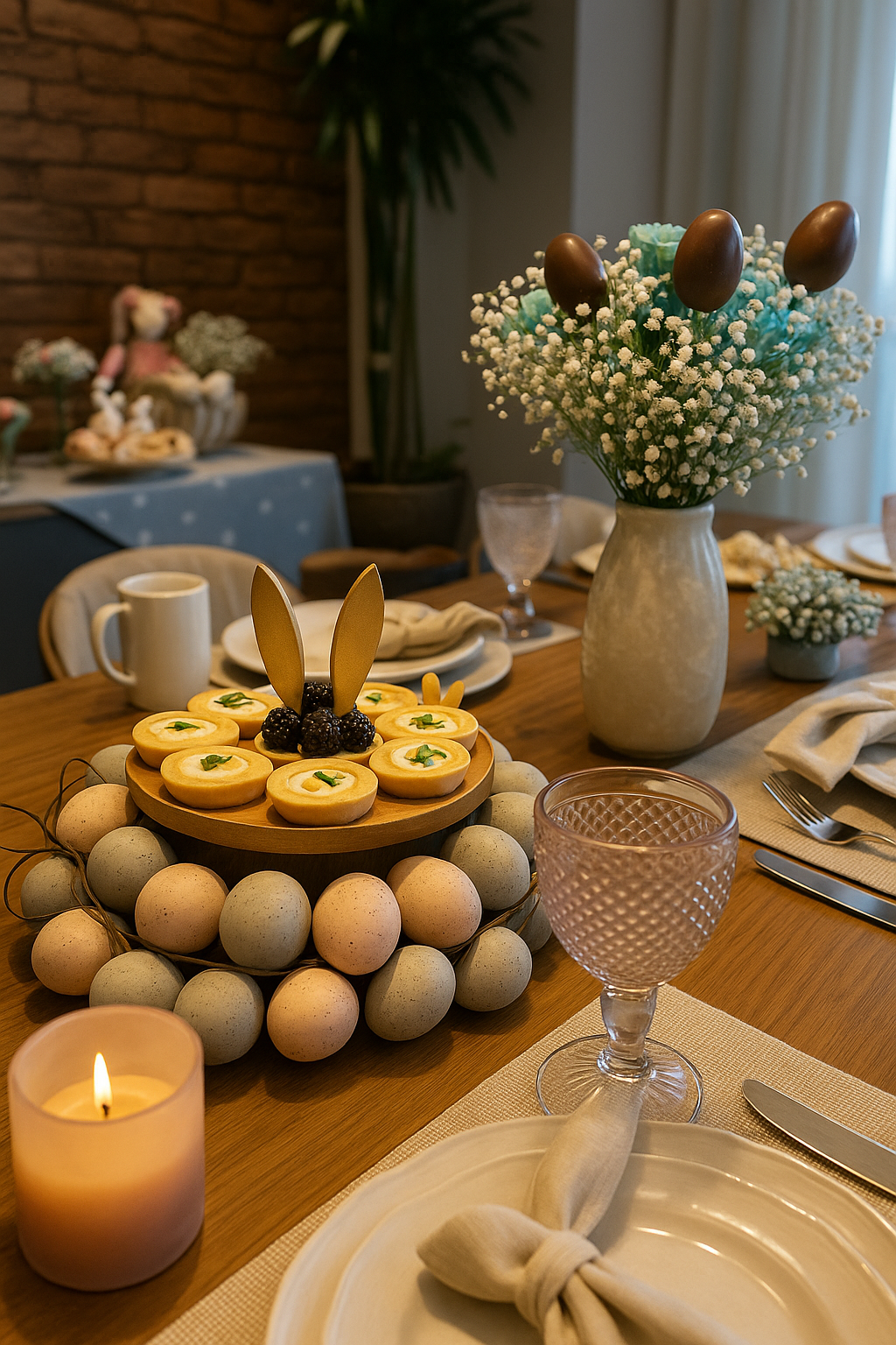 Mesa de sobremesas elegante com doces, velas e um vaso de flores, perfeita para uma celebração aconchegante.