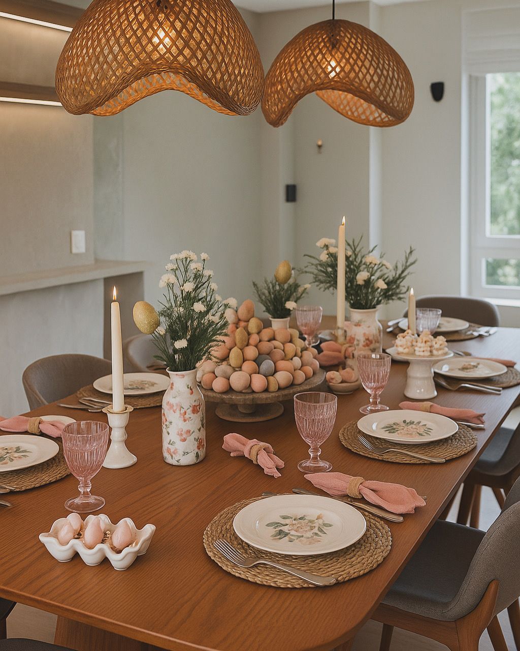 Mesa de jantar decorada com motivos de Páscoa, velas, flores e luminárias pendentes de vime em um ambiente iluminado.