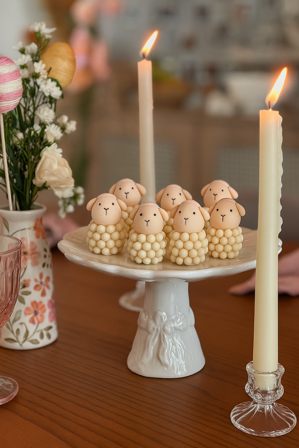 Mesa de sobremesas à luz de velas com doces em formato de pintinho em um suporte branco para bolos e flores em um vaso.