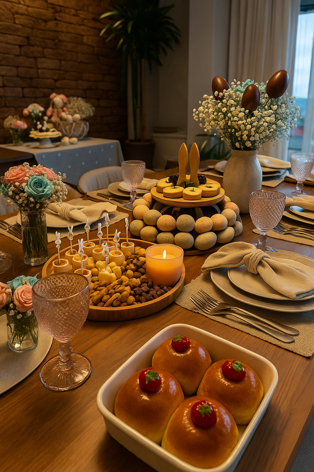 Mesa de sobremesas elegante com bolos, doces, velas e arranjos florais, preparada para uma celebração.