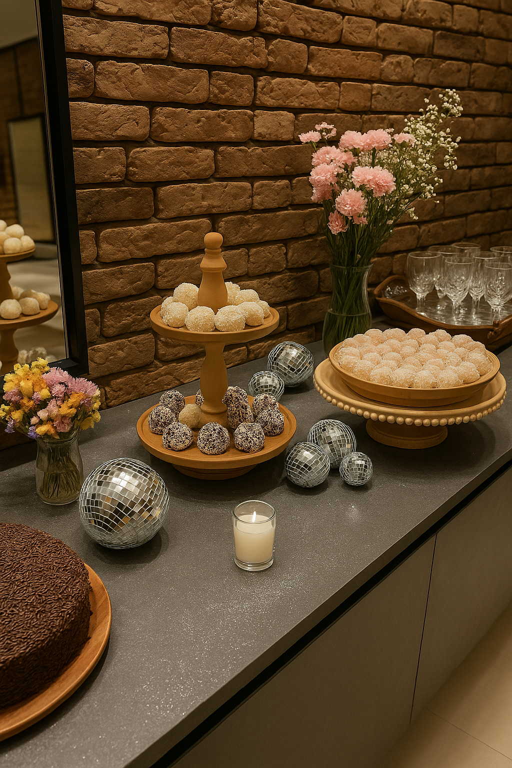Buffet de sobremesas com bolos, doces, velas e flores cor-de-rosa sobre um balcão escuro encostado a uma parede de tijolos.