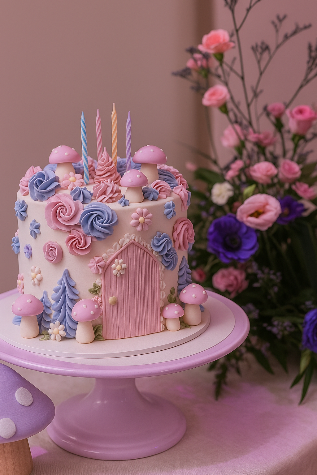 Bolo de aniversário rosa com flores em tons pastel e velas em um suporte de bolo combinando.