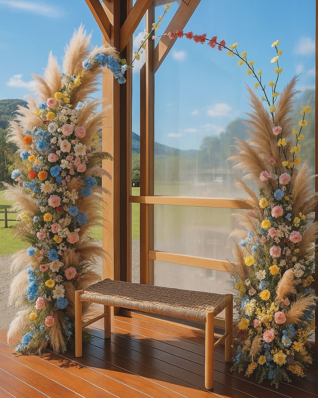 Arco floral em volta de um banco de madeira junto a uma janela ensolarada
