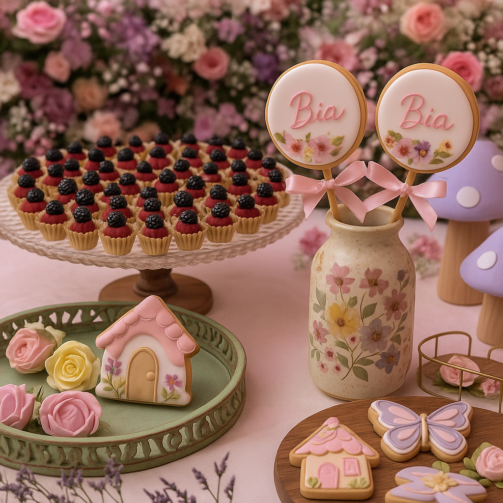 Mesa de sobremesas em tons pastel com torta de frutas vermelhas, cupcakes, vaso de flores, biscoitos e decoração floral rosa.