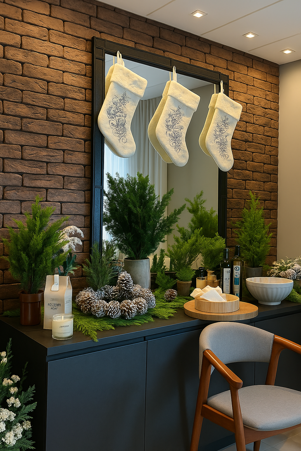 Três meias brancas penduradas acima de uma lareira decorada com velas e folhagens.