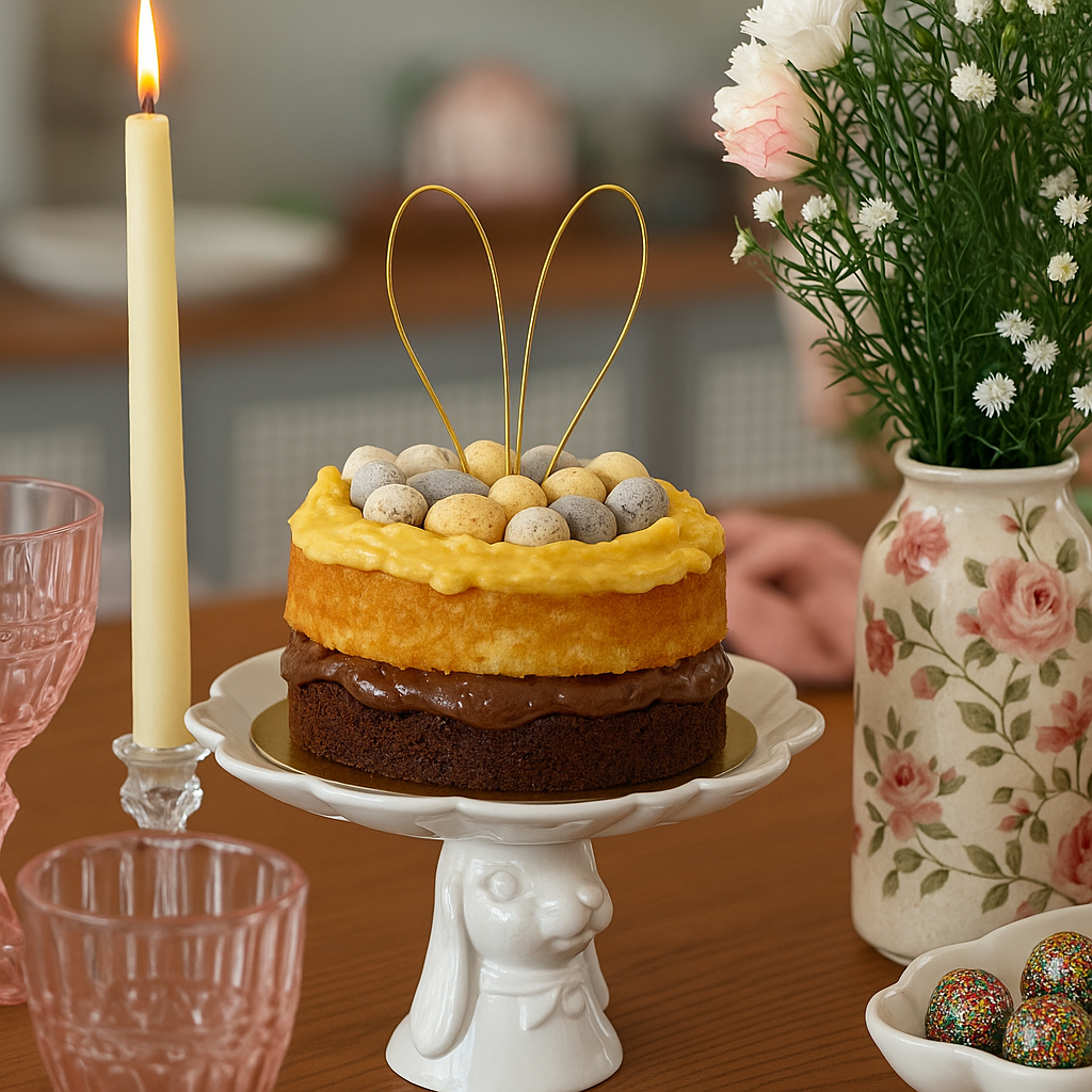 Bolo de aniversário em um suporte branco com velas, flores e louça em tons pastel sobre uma mesa decorada.
