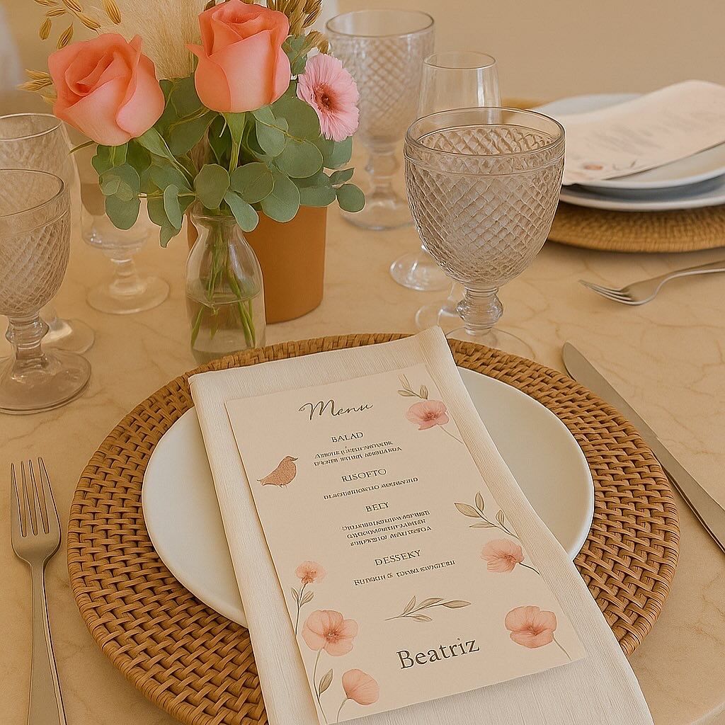 Mesa elegantemente posta com sousplat de vime, flores cor-de-rosa e menu floral sobre toalha de mesa creme.