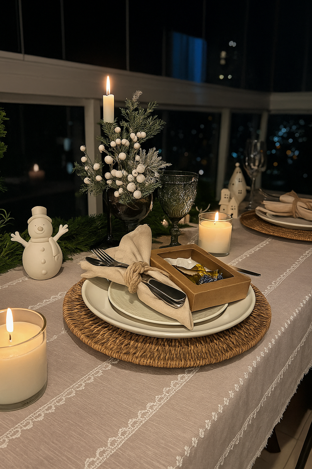 Mesa de jantar aconchegante à luz de velas com pratos, bolo, flores e decoração de inverno junto a uma janela.