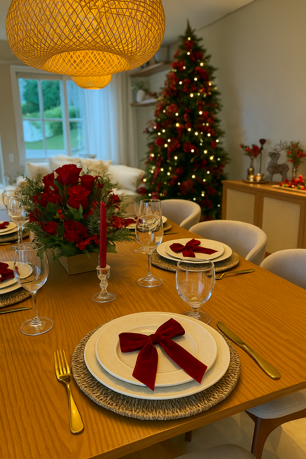 Mesa de jantar festiva posta para o Natal ao lado de uma árvore decorada e um arranjo floral vermelho como centro de mesa.