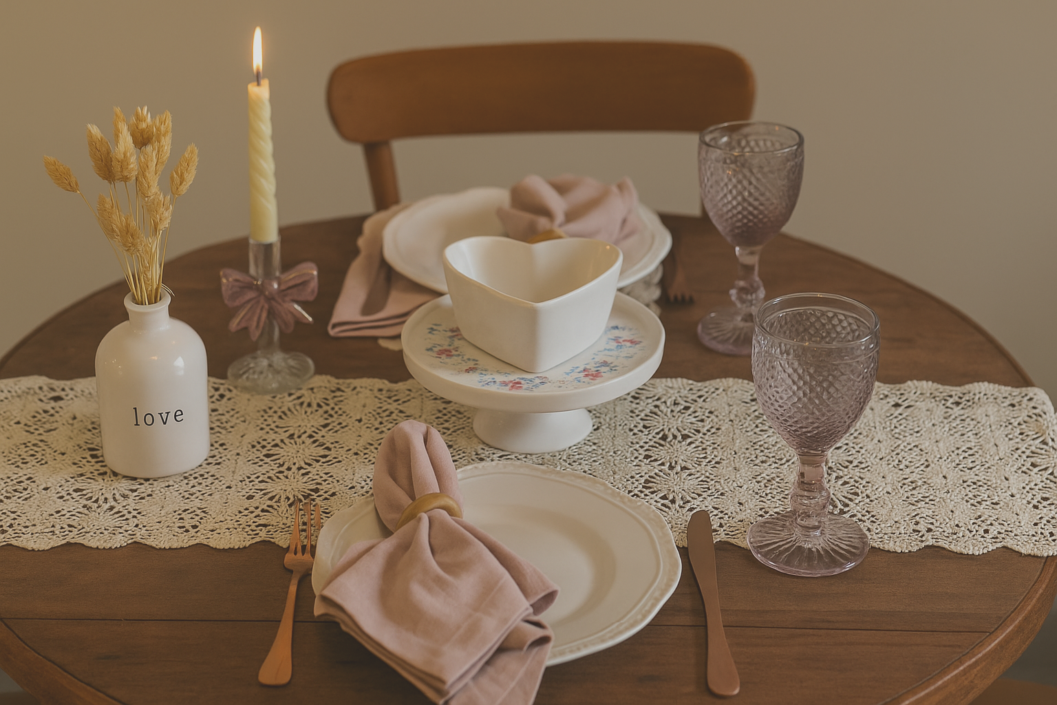 Conjunto de mesa de jantar elegante com caminho de mesa de renda, pratos brancos, guardanapos rosa, velas e copos.