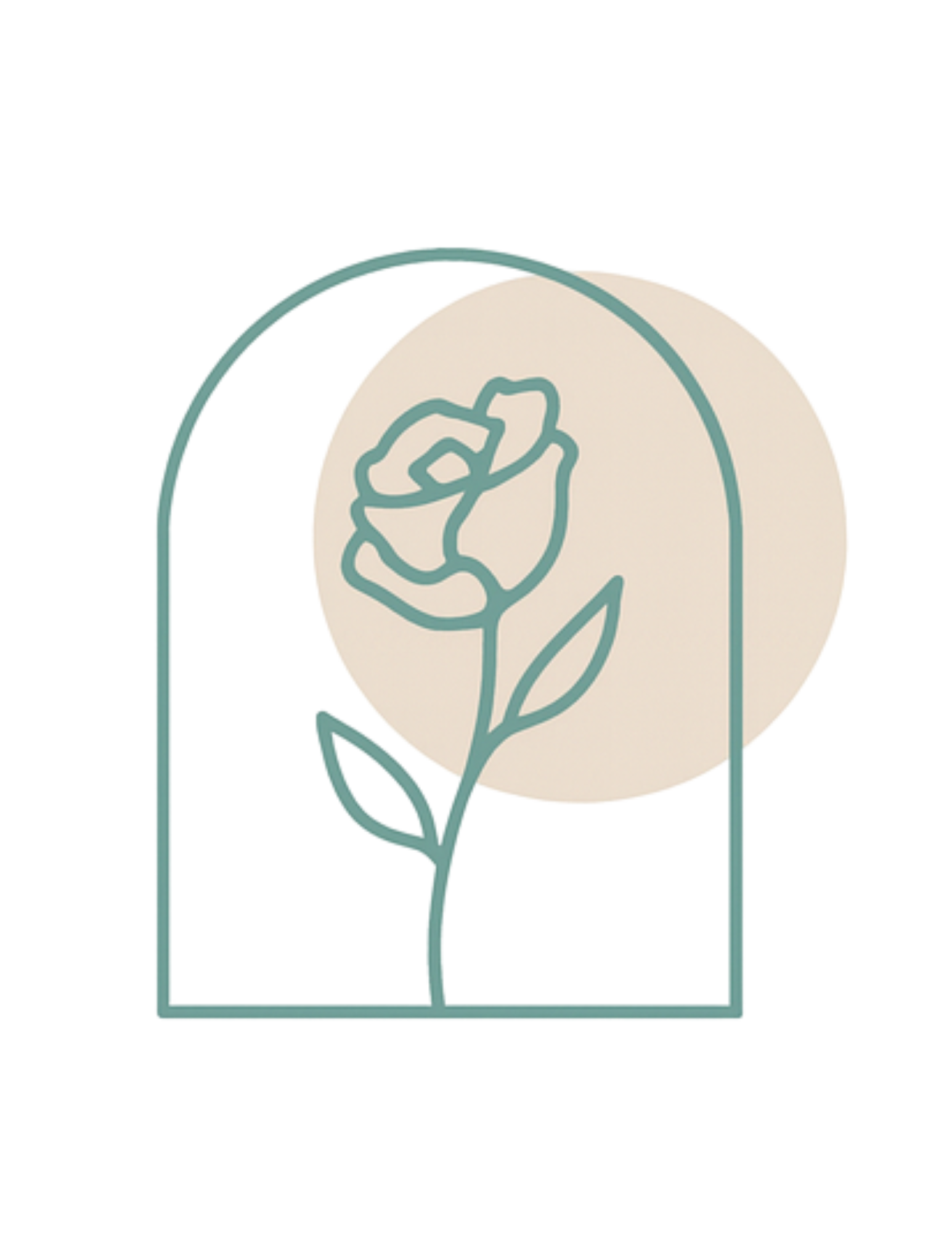 Rosa desenhada à mão dentro de um arco verde, com um círculo bege suave ao fundo.