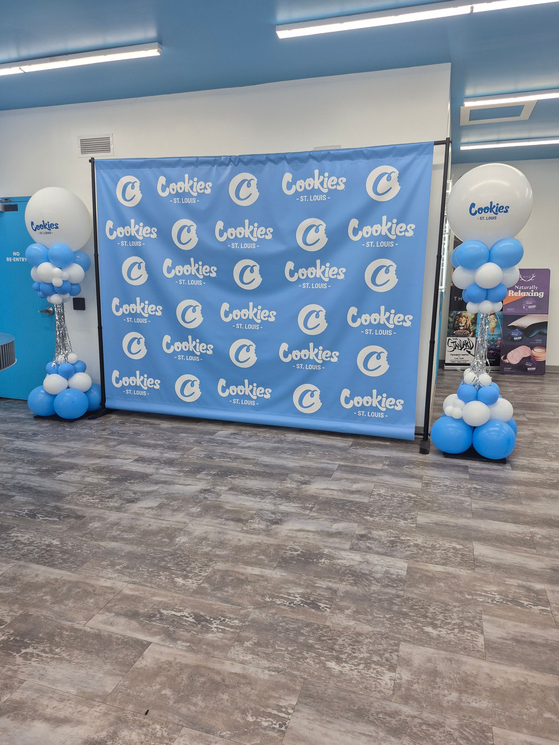 Blue step-and-repeat backdrop with event logos, flanked by blue-and-white balloon columns in a lobby.