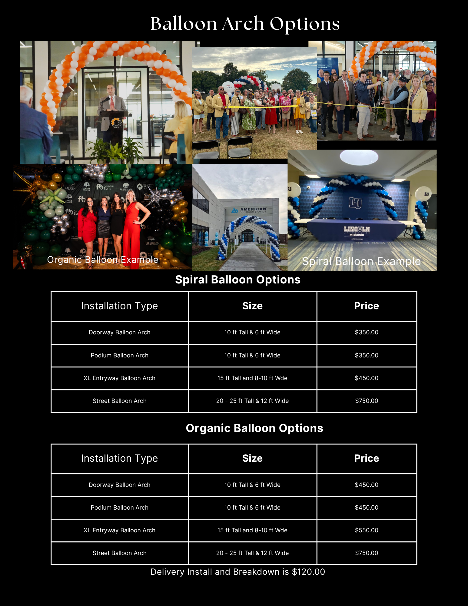Balloon arch options collage with event photos and pricing tables on a black background