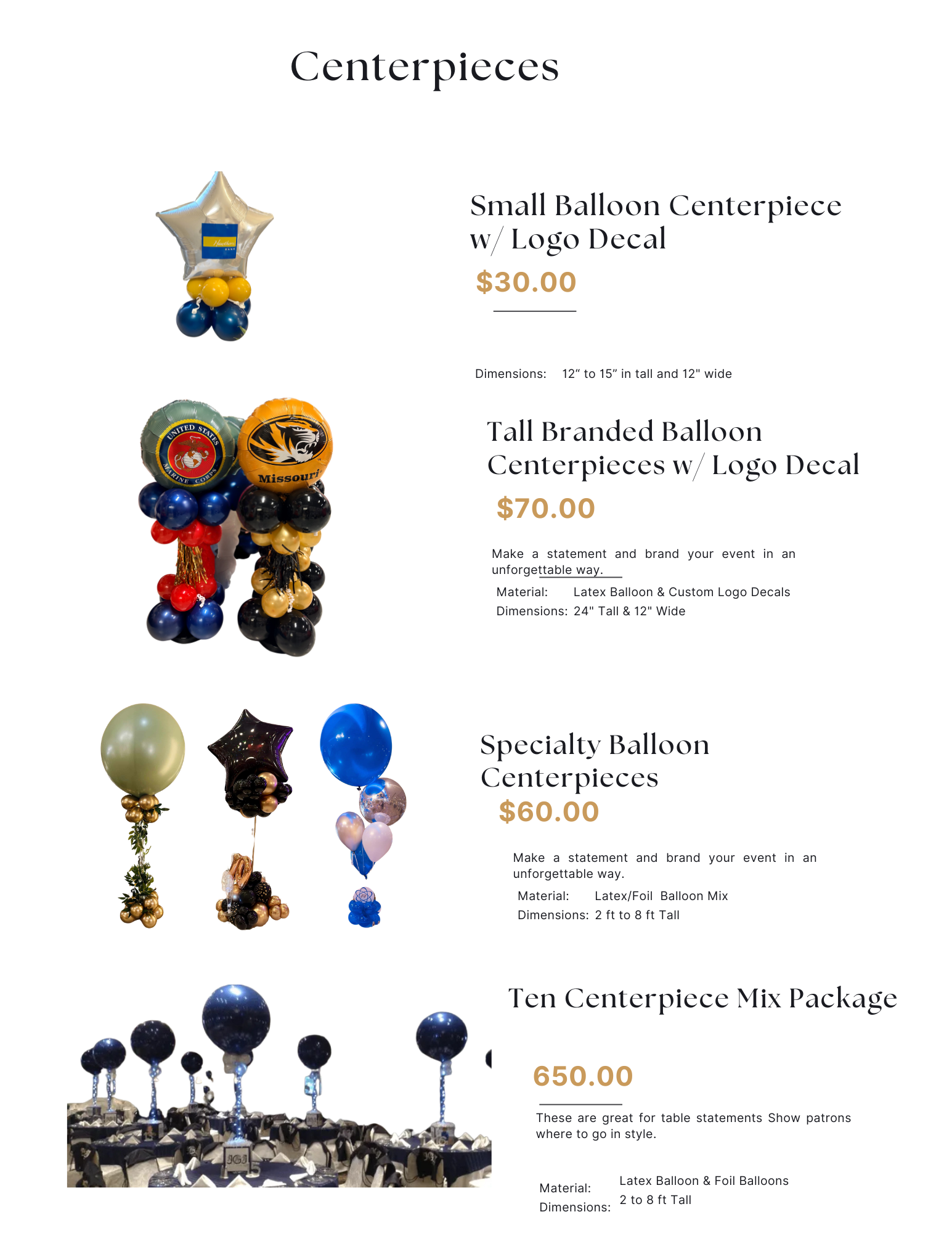 Balloon centerpieces catalog with colorful character and themed arrangements with prices