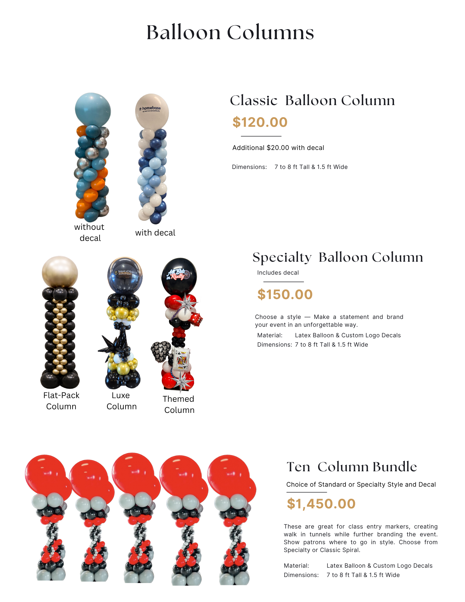 Balloon decor catalog featuring colorful balloon columns and themed balloon arrangements with prices