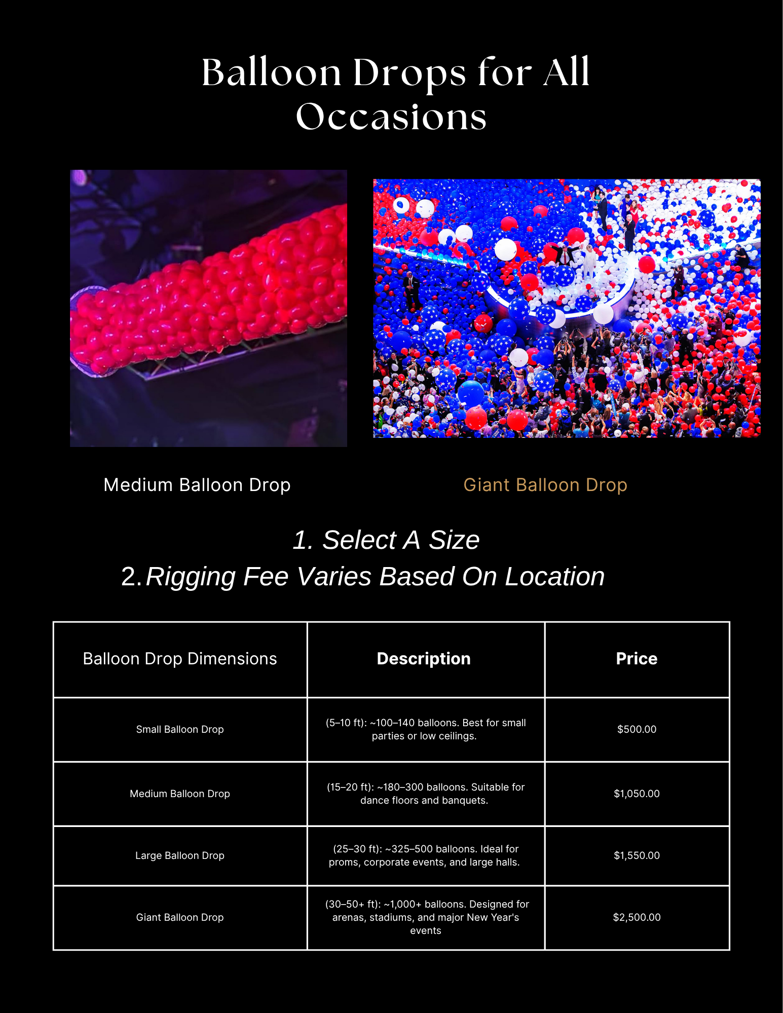 Balloon drop service flyer with confetti photos, package options, and pricing table on black background