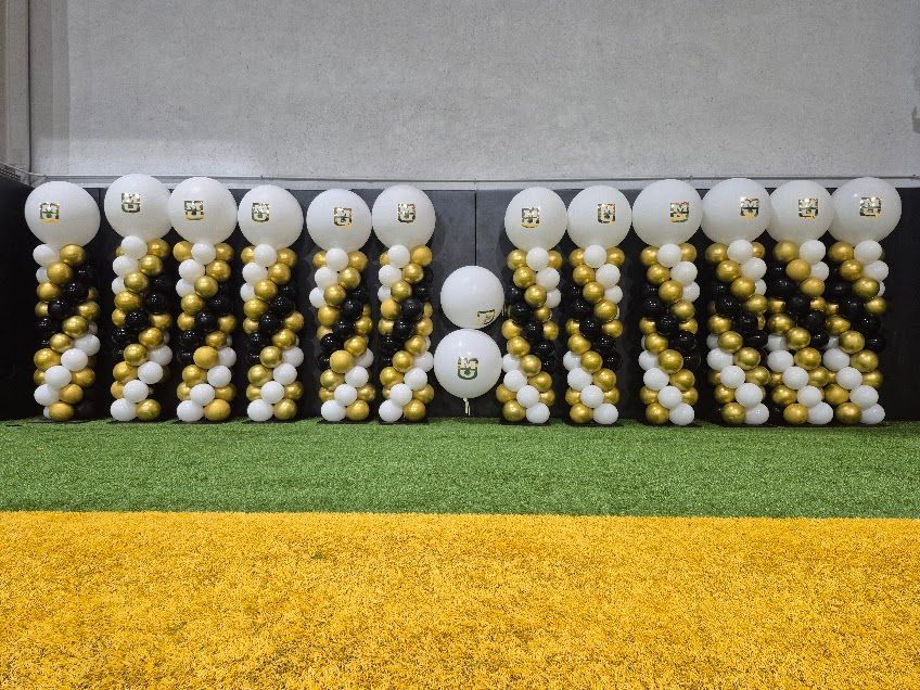 Rows of white and gold golf balls arranged on turf, with one larger white ball centered in front