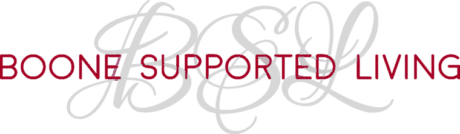 Boone Supported Living logo with burgundy text over a light gray decorative background