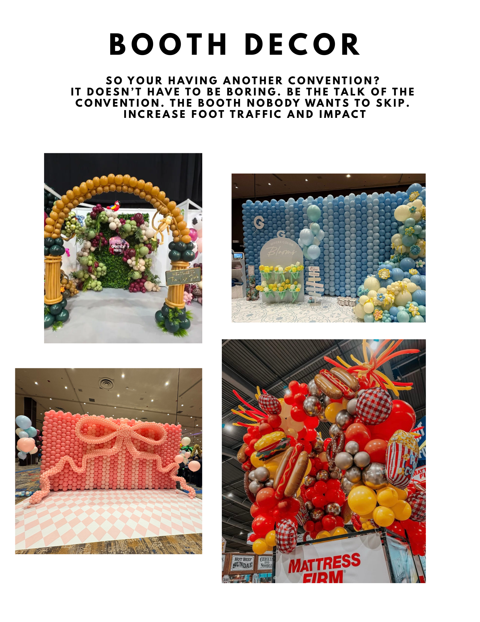 Collage of colorful retail booth decor displays with floral arch, balloons, plush teddy bear, and oversized product props
