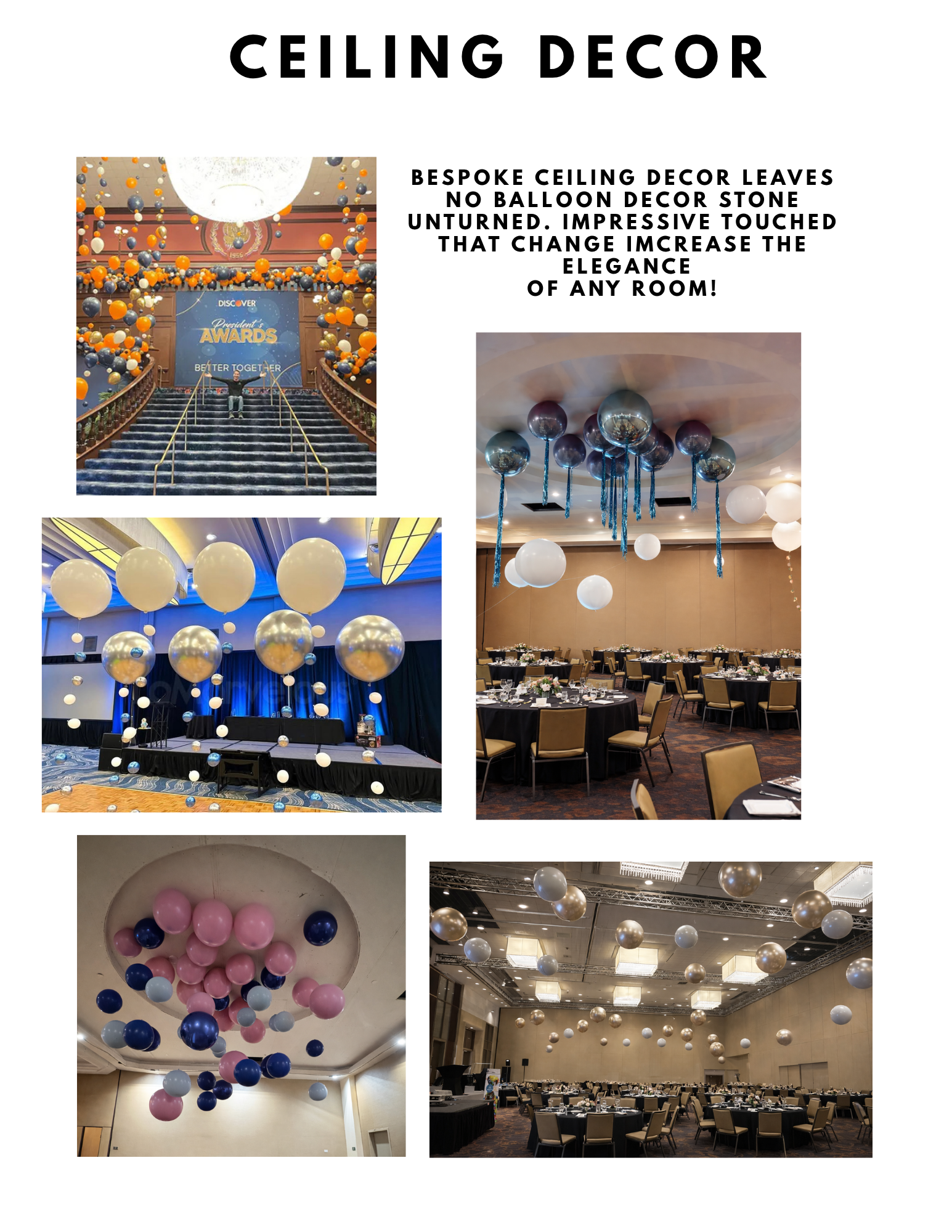 Collage of ceiling decor ideas with balloons, hanging lanterns, and chandeliers in event spaces