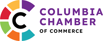 Columbia Chamber of Commerce logo with multicolor circular icon and purple text