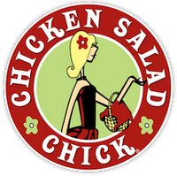 Round red Chicken Salad Chick logo with a stylized woman holding a basket of chicken salad